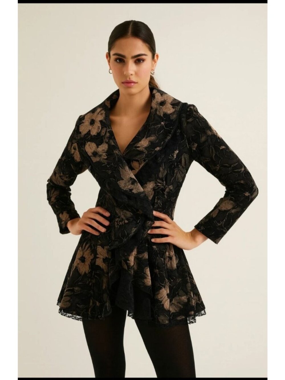 Rossi Roma Womens Medium Floral Lace-Trimmed Jacket Crushed Velvet Black Gold